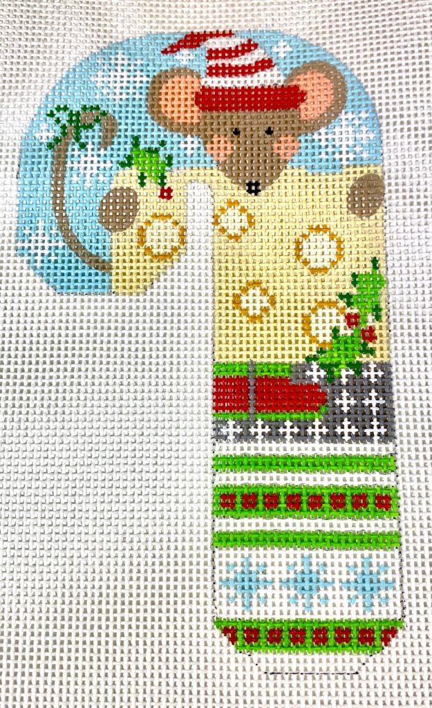 Mouse with Cheese Candy Cane Canvas - KC Needlepoint