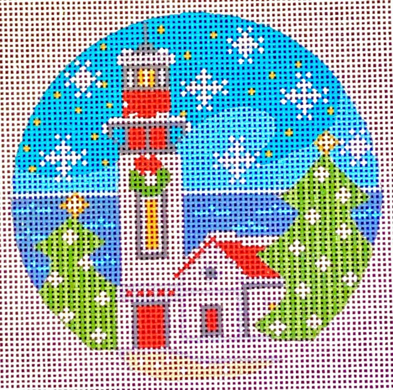 White Lighthouse with Red Roof Round Canvas - KC Needlepoint