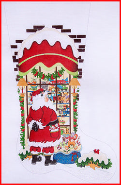 Santa in Boy Toy Shop Window Stocking Canvas - KC Needlepoint