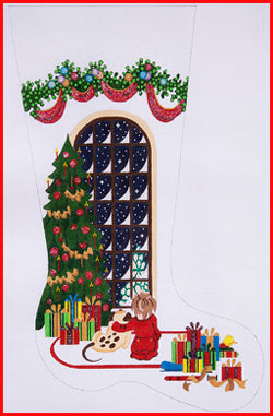 Boy Watching for Santa with Dog Stocking Canvas - KC Needlepoint