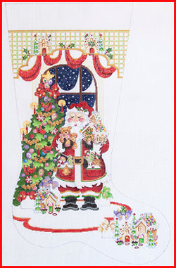 Santa with Gingerbread Houses Stocking Canvas - KC Needlepoint