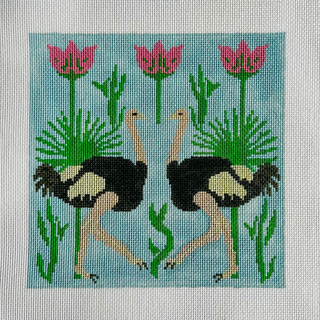 Ostriches with Palms Canvas - KC Needlepoint