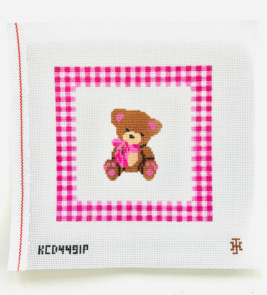 Teddy Bear with Gingham Pillow Canvas - KC Needlepoint