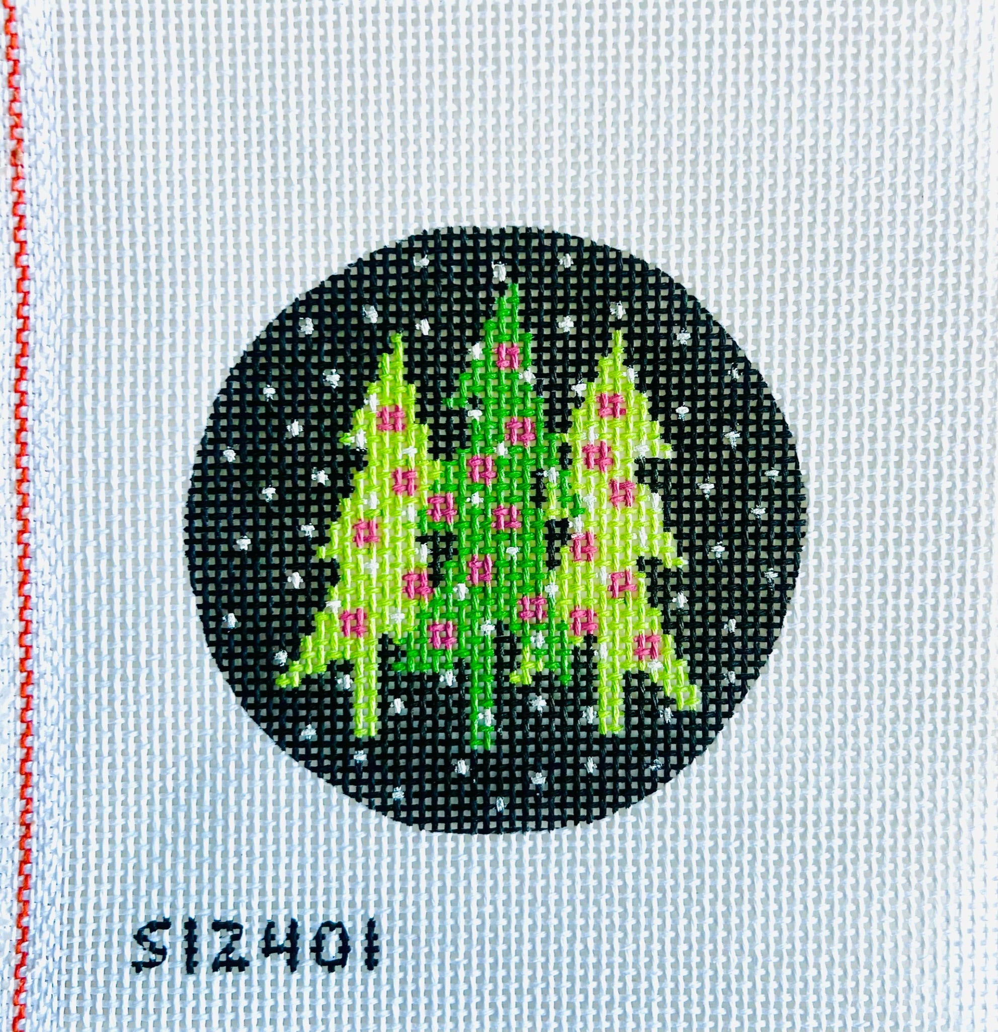 Green Trees on Black Round Canvas - KC Needlepoint