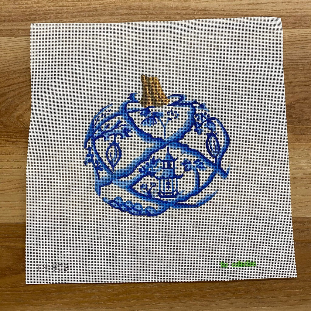 Blue White Pumpkin with Garden Canvas - KC Needlepoint