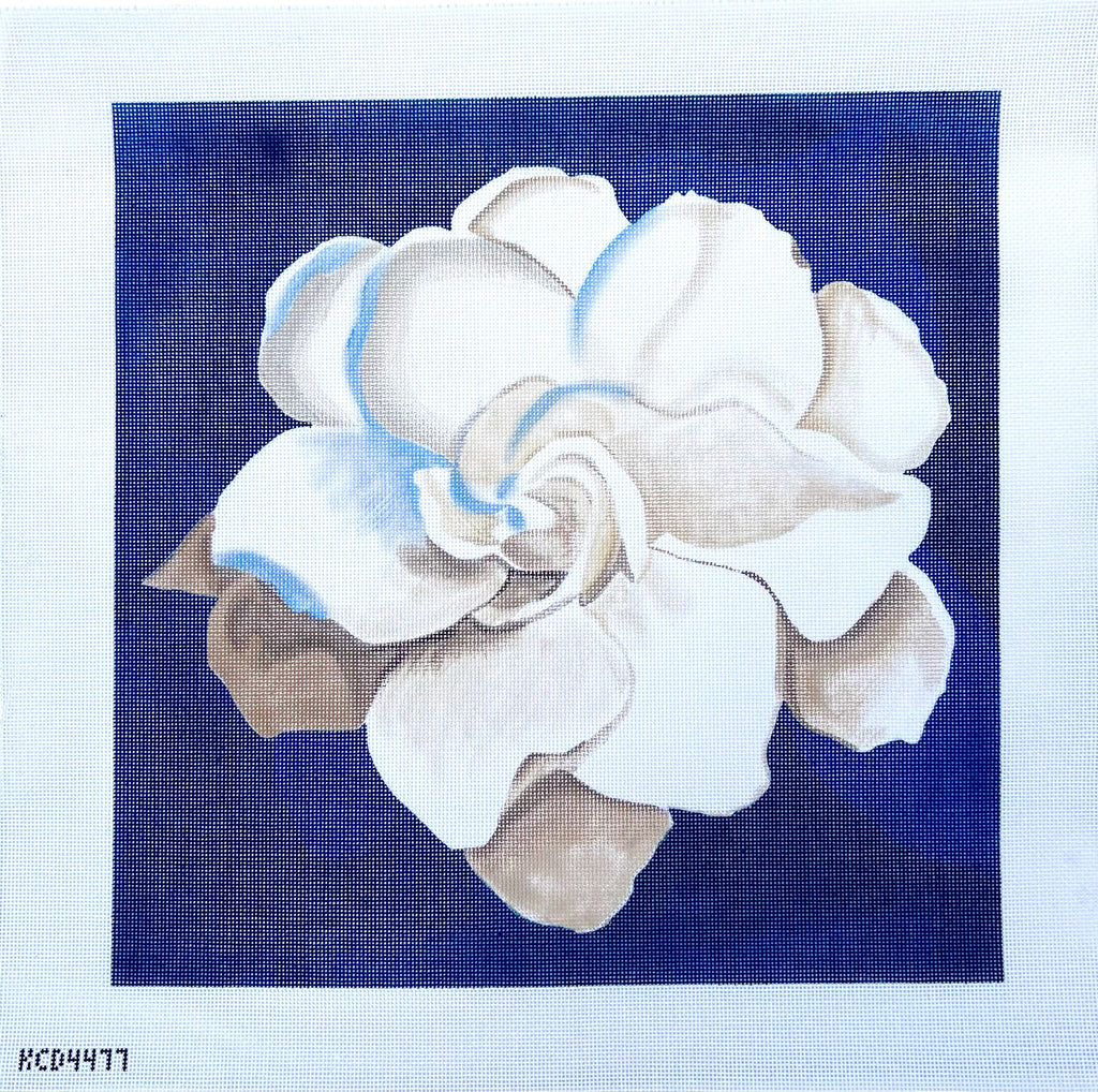 White Flower on Blue Pillow Canvas - KC Needlepoint