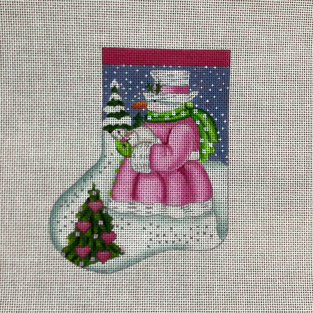 Pink Snowman Mini Sock Needlepoint Canvas - KC Needlepoint