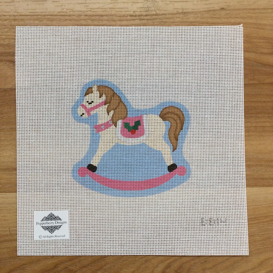 Pink Holly Rocking Horse Canvas - KC Needlepoint