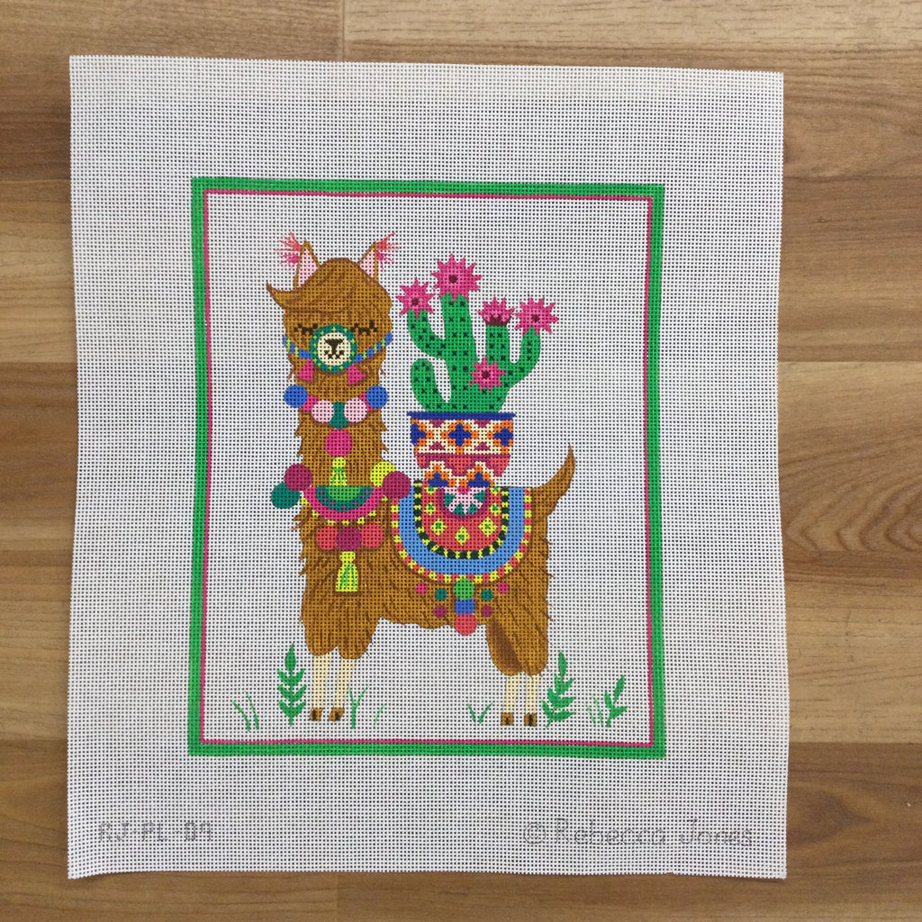 Llama with Cactus, Pompoms and Tassels Canvas - KC Needlepoint