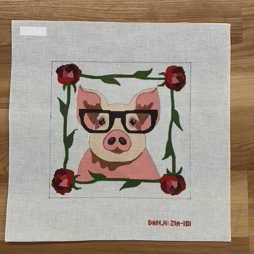 Pig with Glasses Canvas - KC Needlepoint