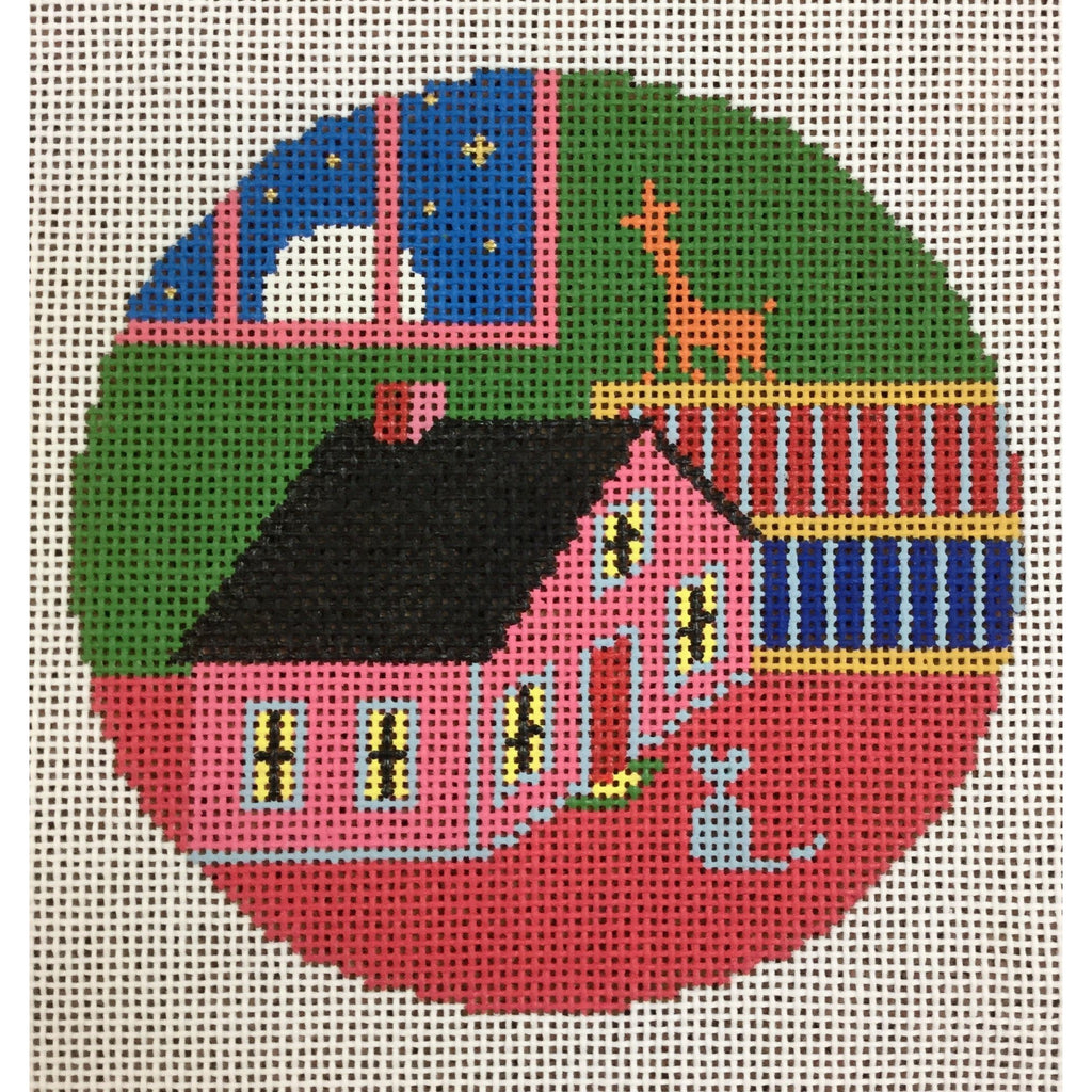 Toy House and Mouse 4 1/2" Round Ornament Canvas - KC Needlepoint