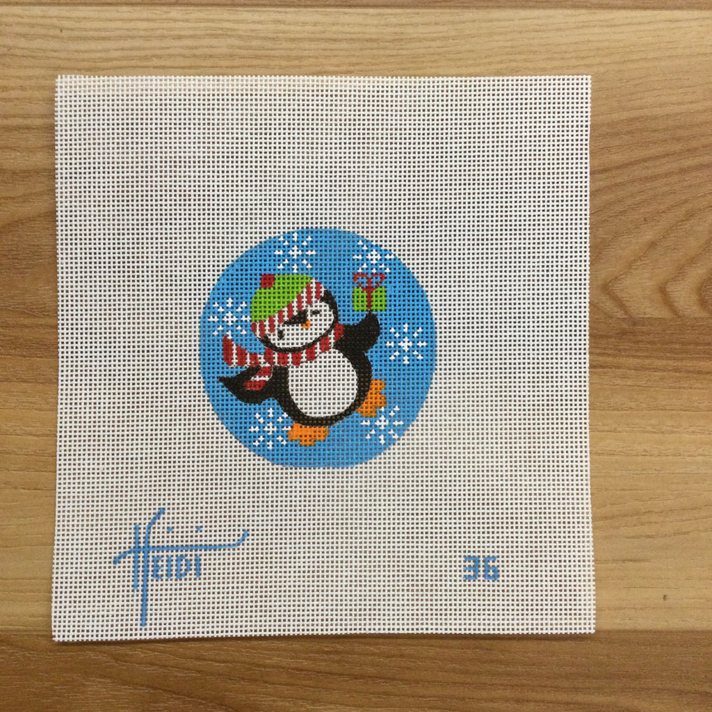 Penguin with Present Round Canvas - needlepoint