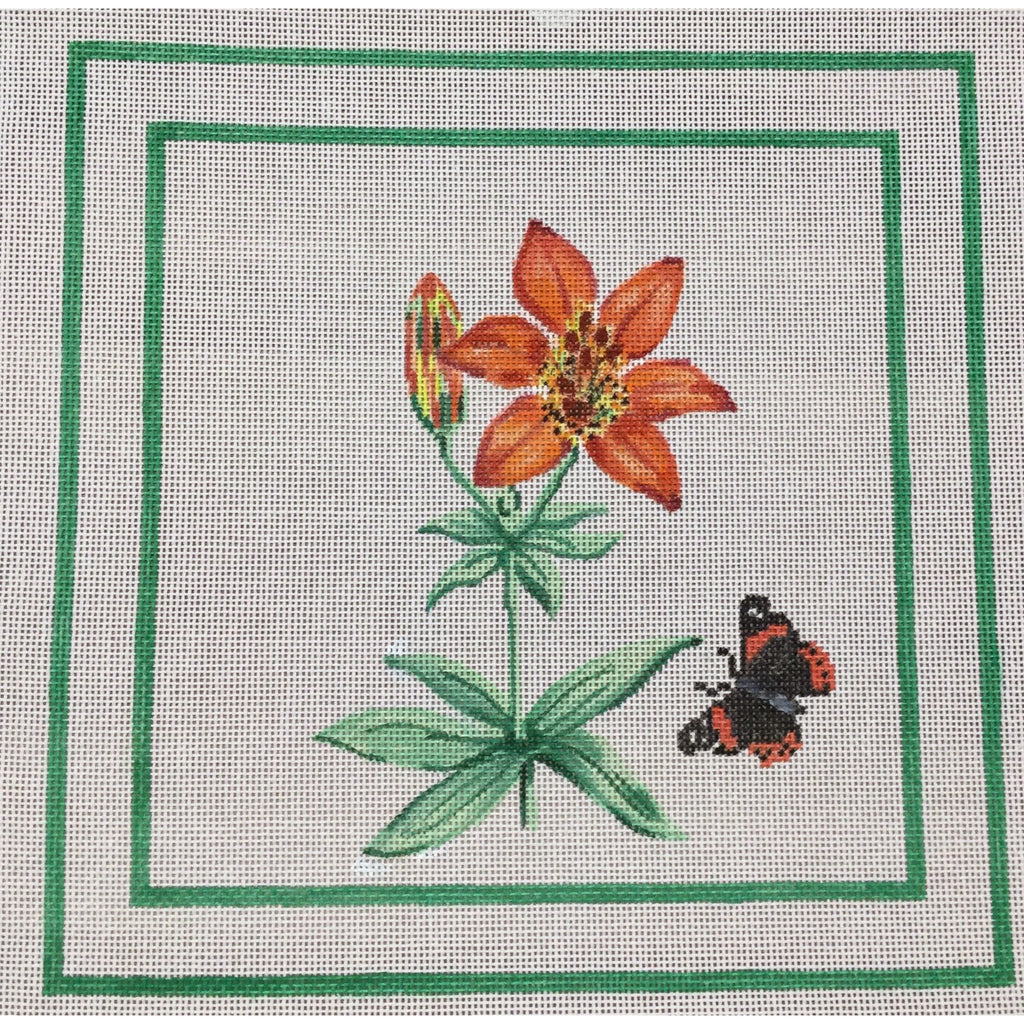 Orange Lily and Butterfly Canvas - KC Needlepoint