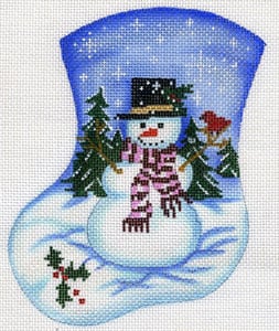 Snowman with Red Bird Mini Sock Canvas - KC Needlepoint