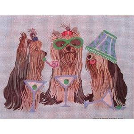 Yorkies Partying Canvas - KC Needlepoint