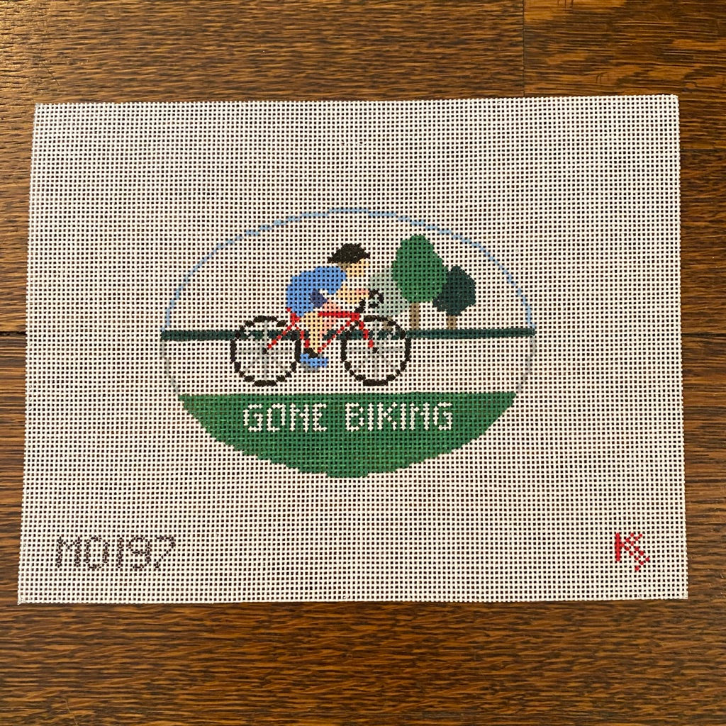 Gone Biking Oval Canvas - needlepoint