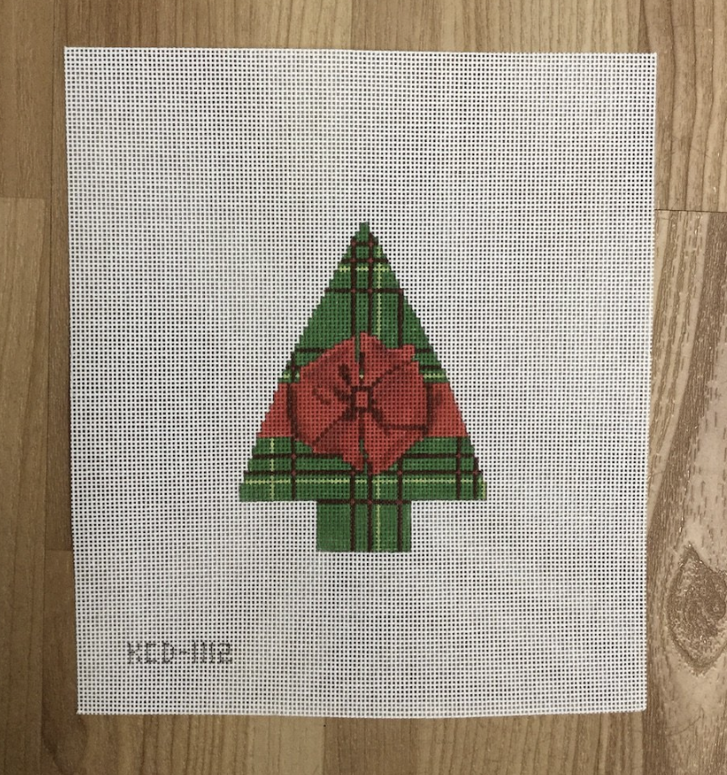 Green Plaid with a Red Bow Tree Canvas - KC Needlepoint