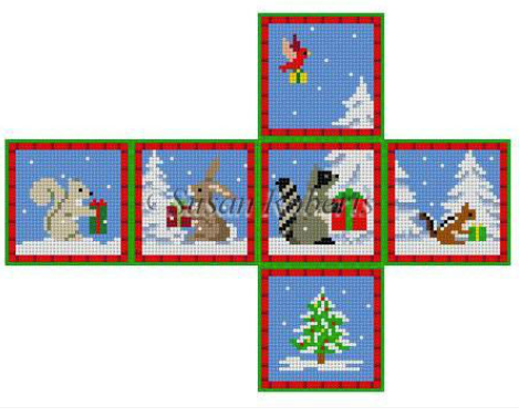 Forest Animals with Presents Cube Ornament Canvas - needlepoint