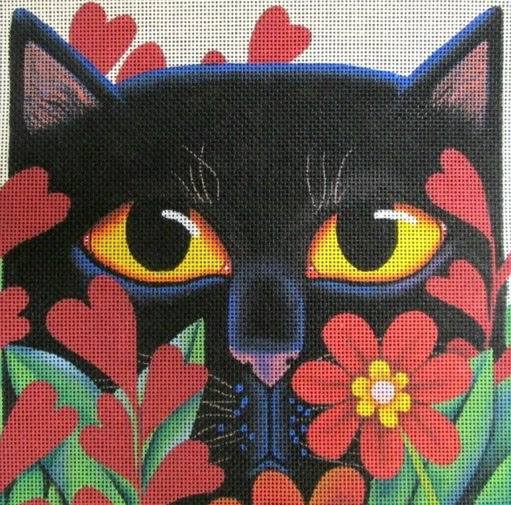 Black Cat with Flowers Canvas - KC Needlepoint
