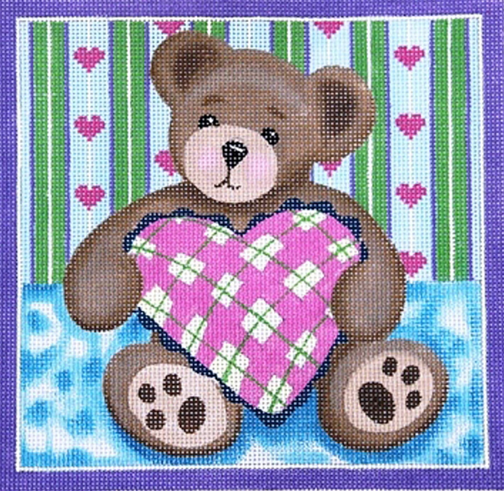 Teddy Bear Hugs His Pillow Canvas - KC Needlepoint