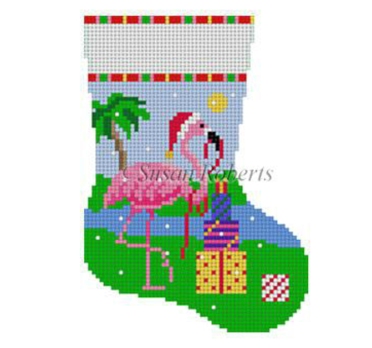 Flamingo with Presents Mini Stocking Canvas - KC Needlepoint