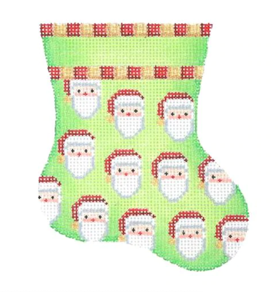 Green Mini Sock with Santa Faces Needlepoint Canvas - KC Needlepoint