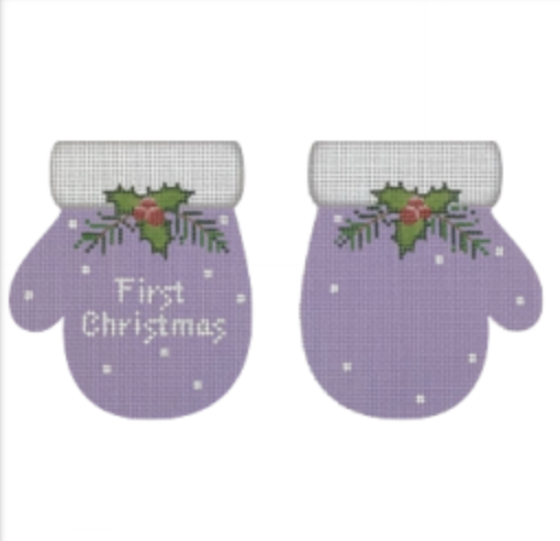 Lavender First Christmas Mittens Canvas - KC Needlepoint