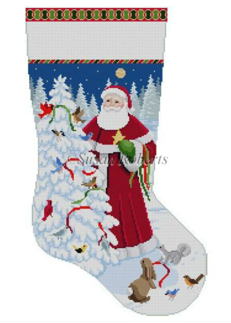 Birds and Santa Stocking Canvas - KC Needlepoint