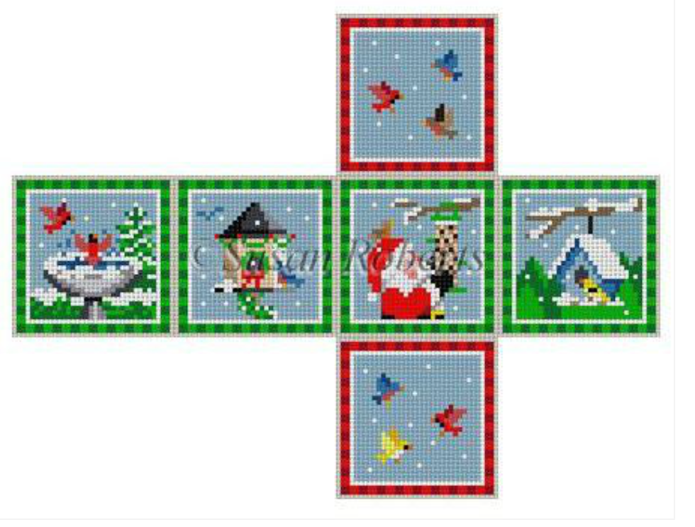 Santa with Birds Cube Ornament Canvas - KC Needlepoint