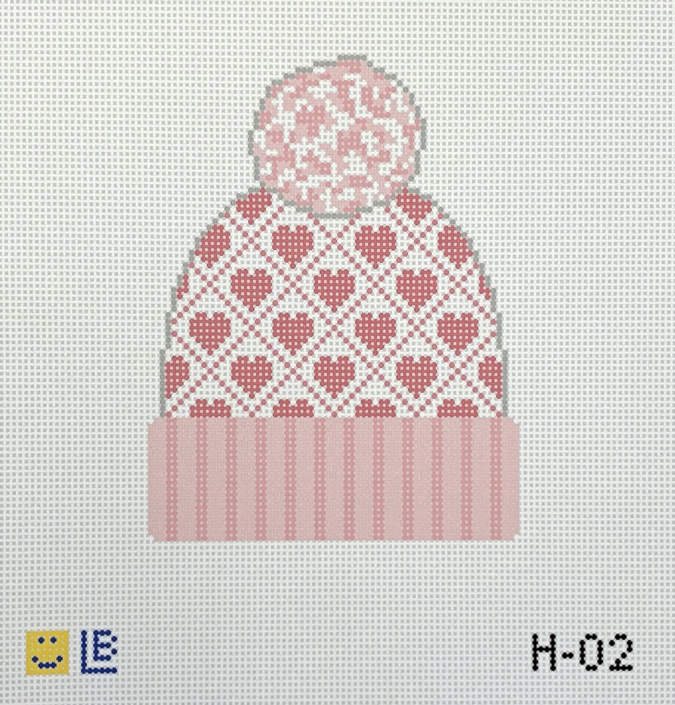 Beanie with Pink Hearts Canvas - KC Needlepoint