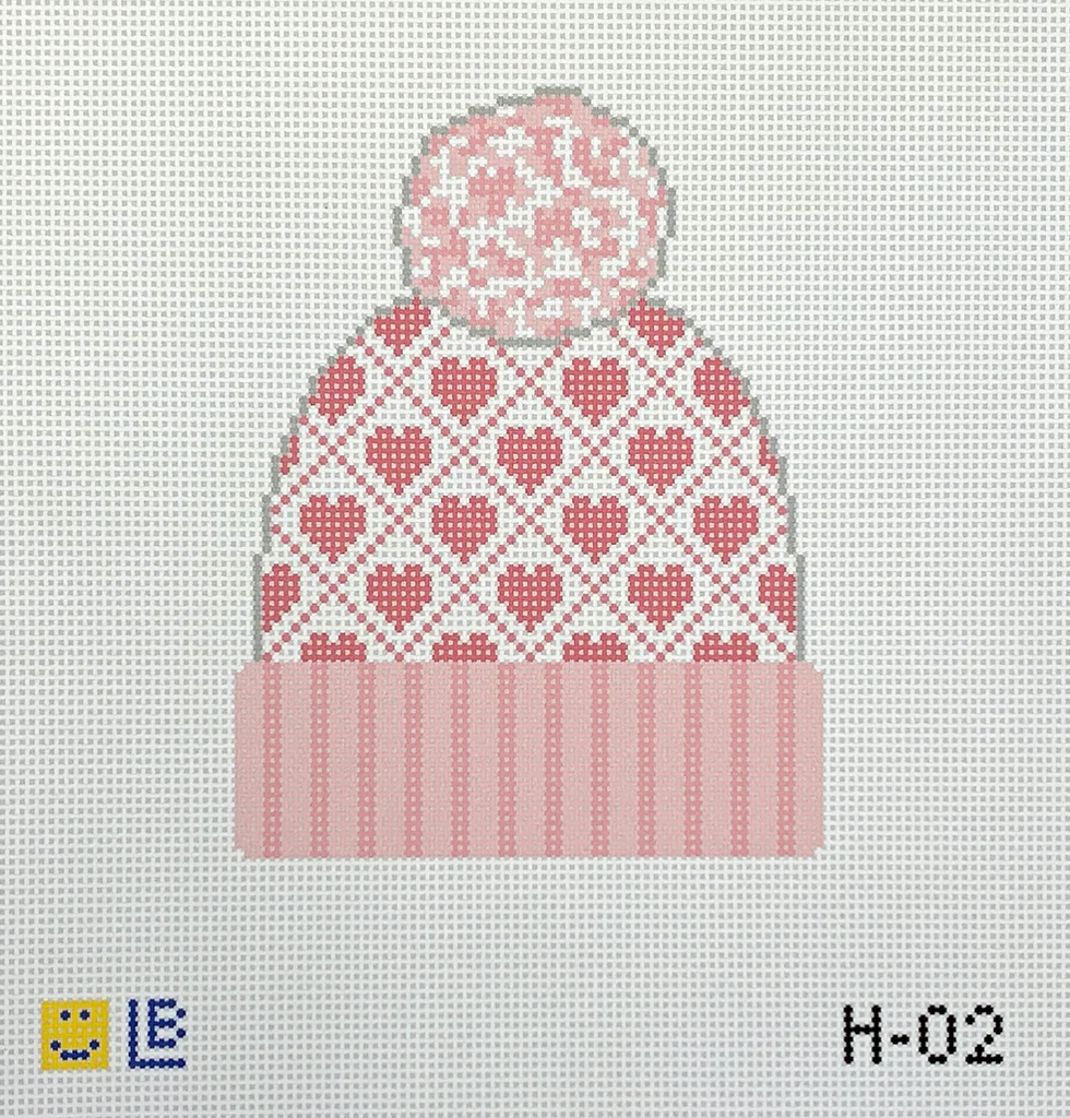 Beanie with Pink Hearts Canvas - KC Needlepoint