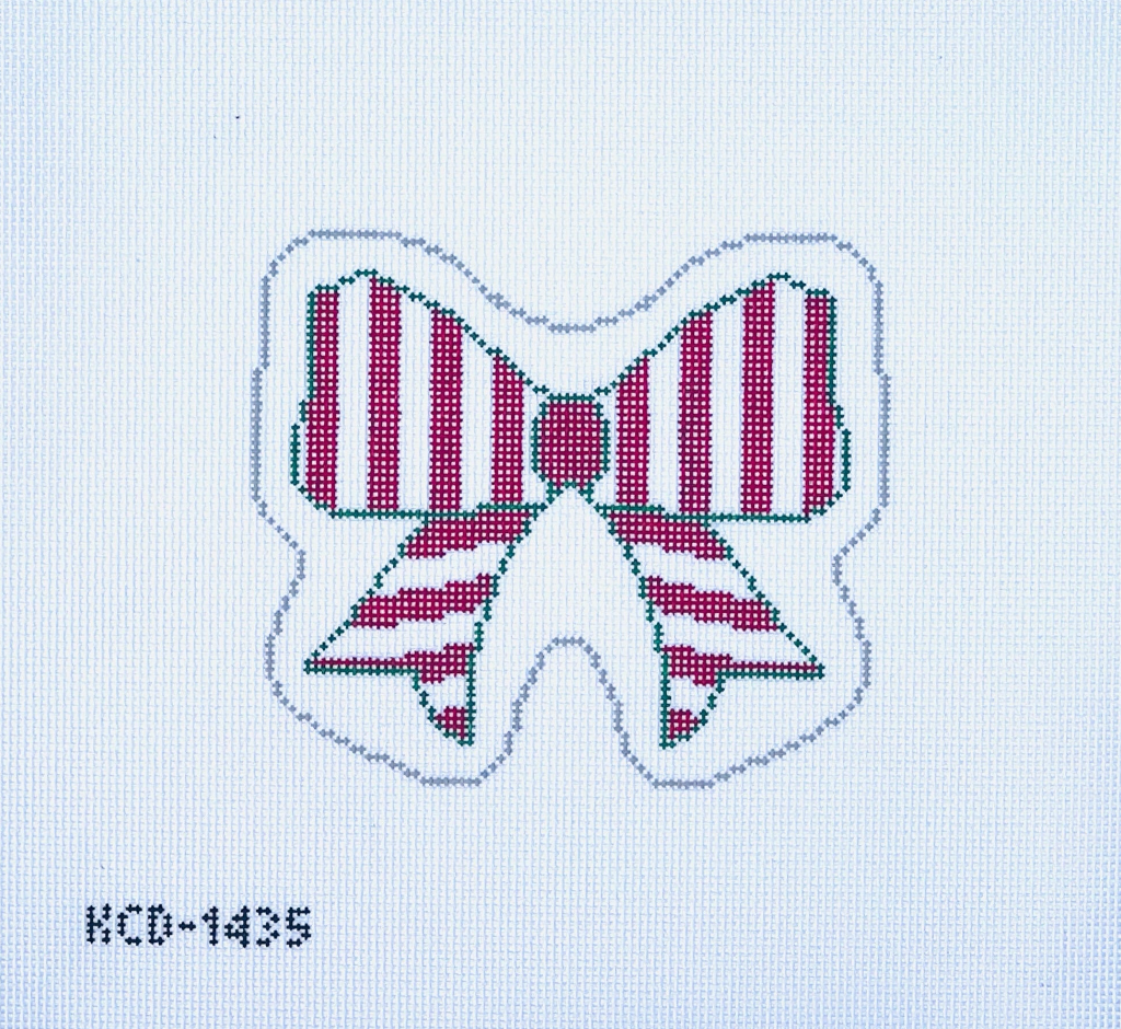 Red and White Striped Bow Canvas - KC Needlepoint