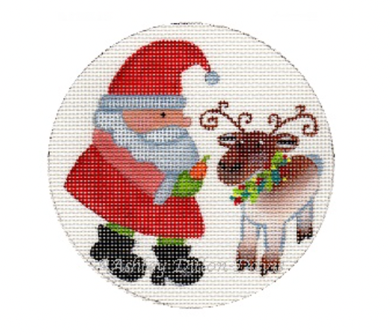 Santa Feeding Reindeer Round Canvas - KC Needlepoint