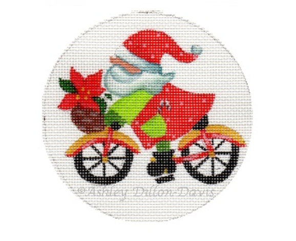 Santa's Biking Round Canvas - KC Needlepoint