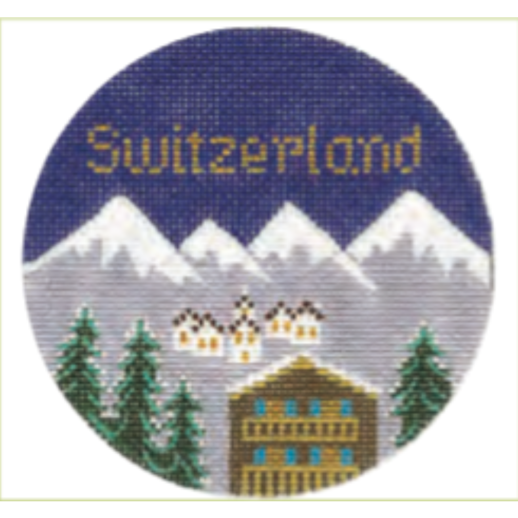 Switzerland 4 1/4" Travel Round Needlepoint Canvas - KC Needlepoint