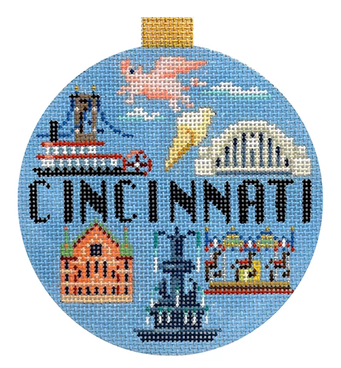 Cincinnati Travel Round Canvas - KC Needlepoint
