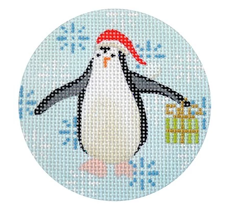 Penguin Christmas Round Lime Canvas - KC Needlepoint