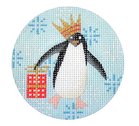 Penguin Christmas Round Red Canvas - KC Needlepoint