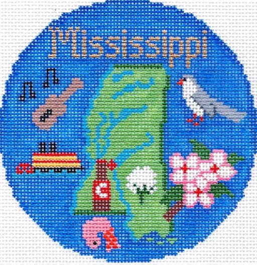 Mississippi 4" Travel Round Ornament Canvas - KC Needlepoint