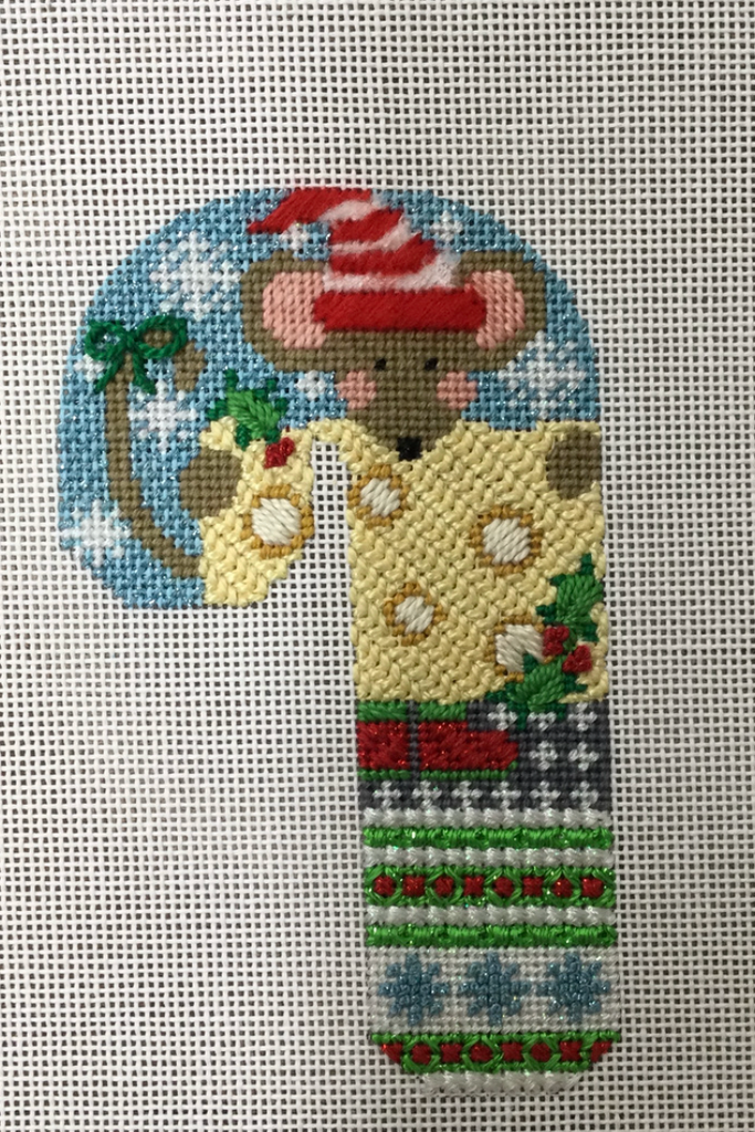 Mouse with Cheese Candy Cane Canvas - KC Needlepoint