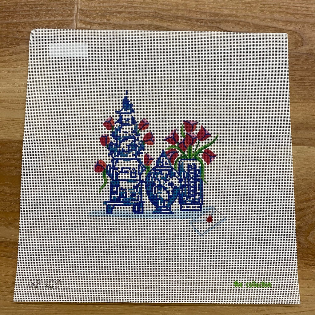 Blue and White Tulipers Canvas - needlepoint