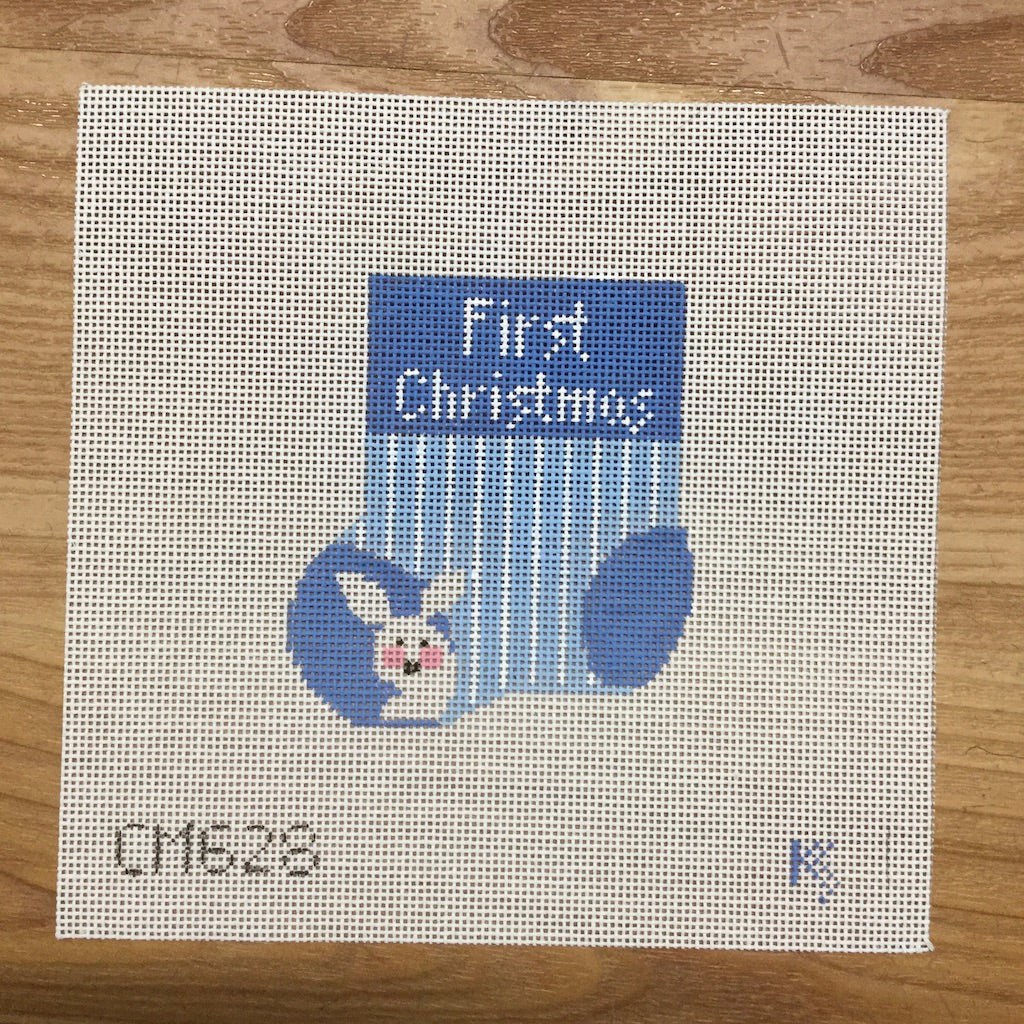 Baby's First Christmas Blue Mini Sock Canvas - KC Needlepoint