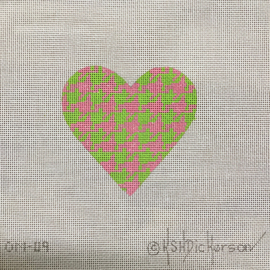 Pink Green Houndstooth Heart Canvas - KC Needlepoint