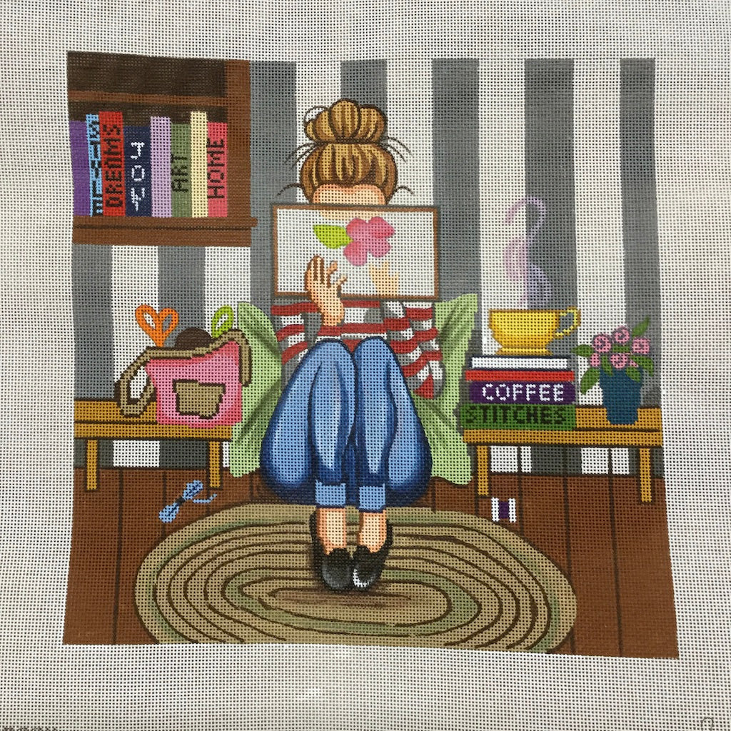 Girl Stitching Needlepoint Canvas - KC Needlepoint