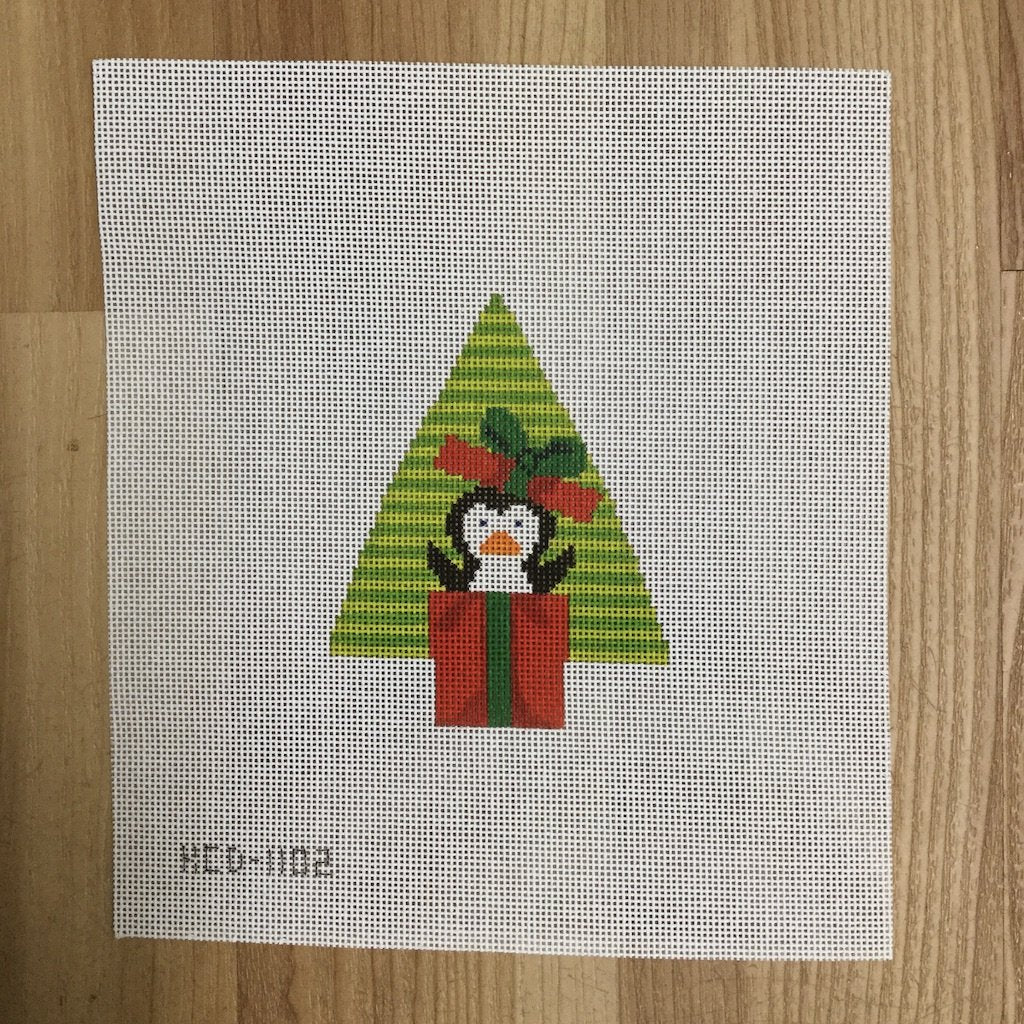 Tree with Penguin in a Present - KC Needlepoint