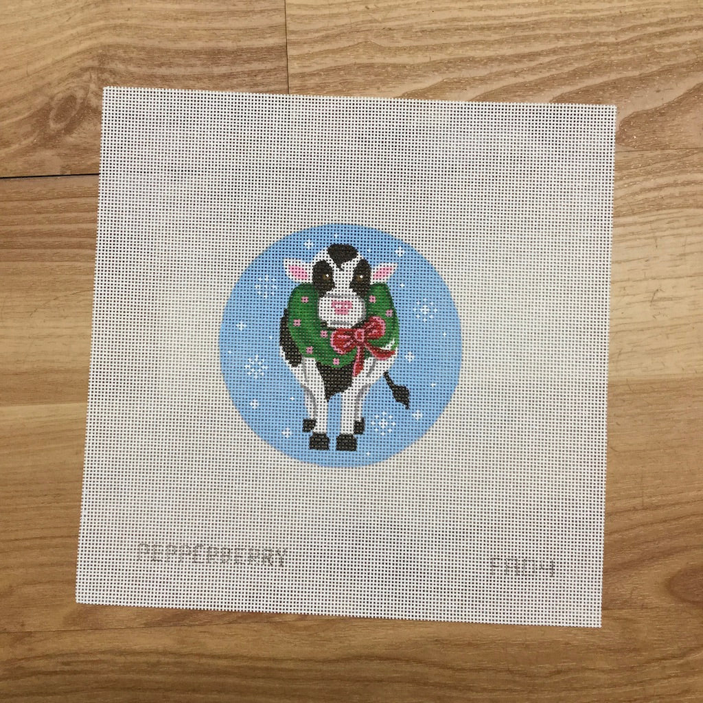 Cow with a Wreath Ornament Canvas - KC Needlepoint