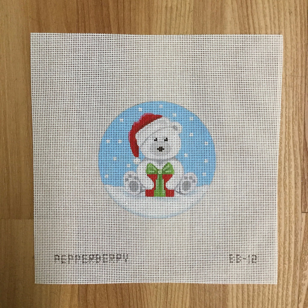 White Santa Bear with Present Canvas - KC Needlepoint