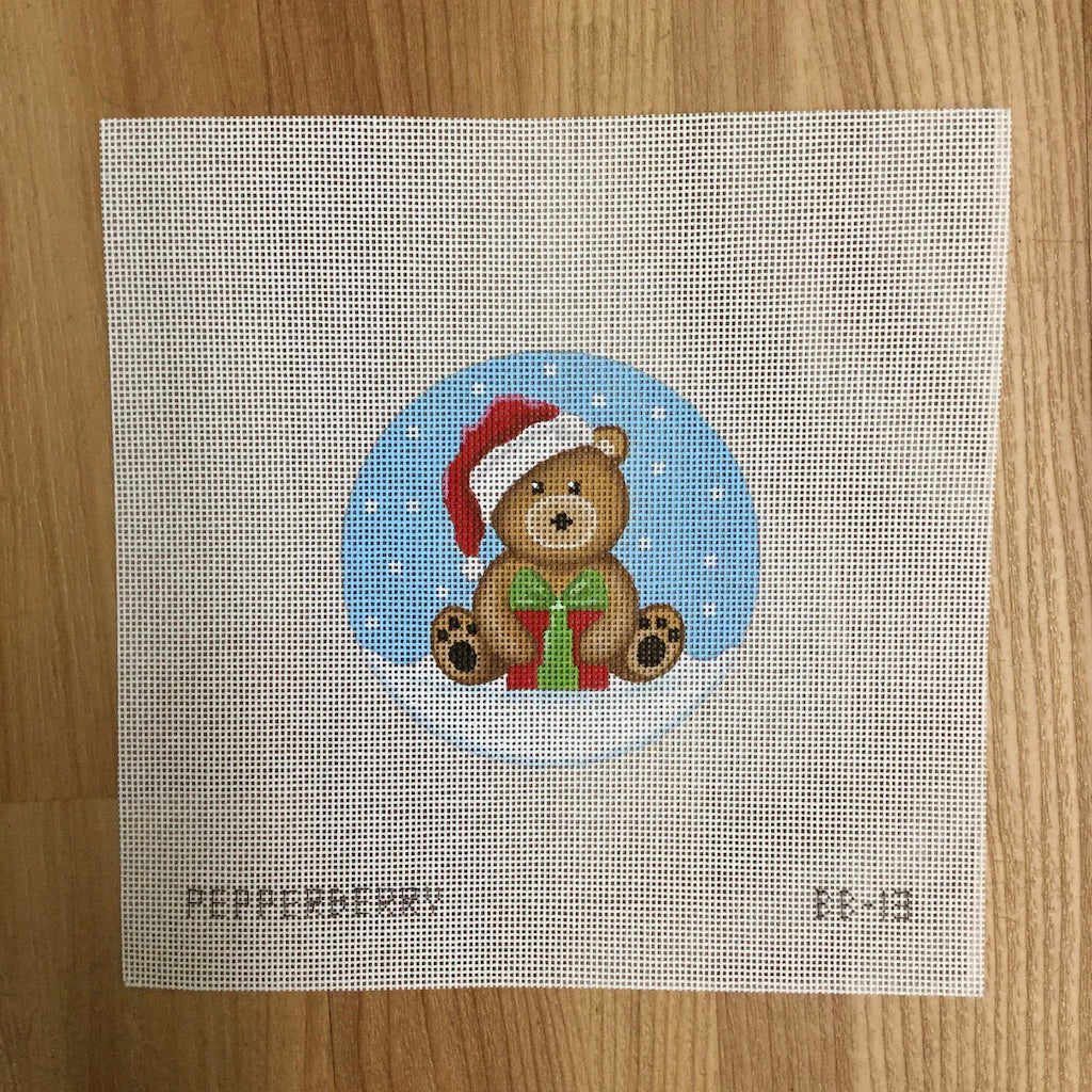 Brown Santa Bear with Present Canvas - KC Needlepoint