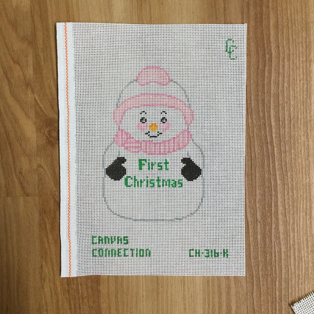 First Christmas Snowman with Pink Canvas - KC Needlepoint