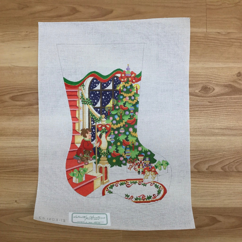 Staircase with Decorated Tree and Boy Stocking Canvas - KC Needlepoint